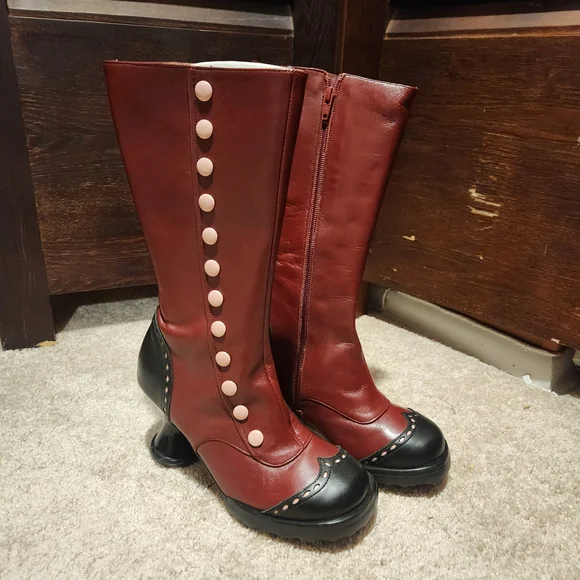 John Fluevog Burgundy and Black Heeled Boots - Picture 3 of 8